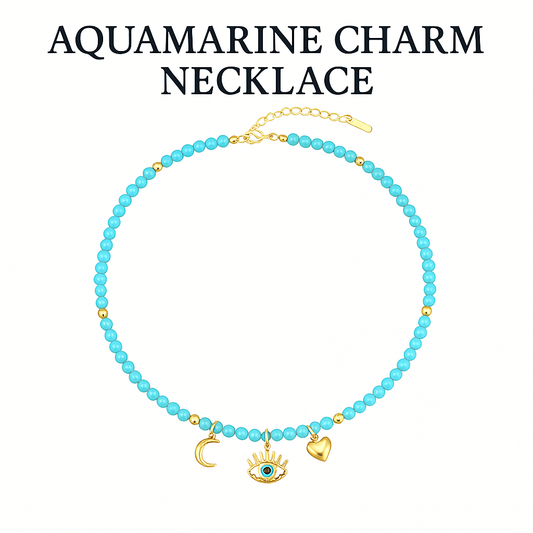 Aquamarine  Charm Necklace - 3 Charms - Gold Plated (TT LIVE)